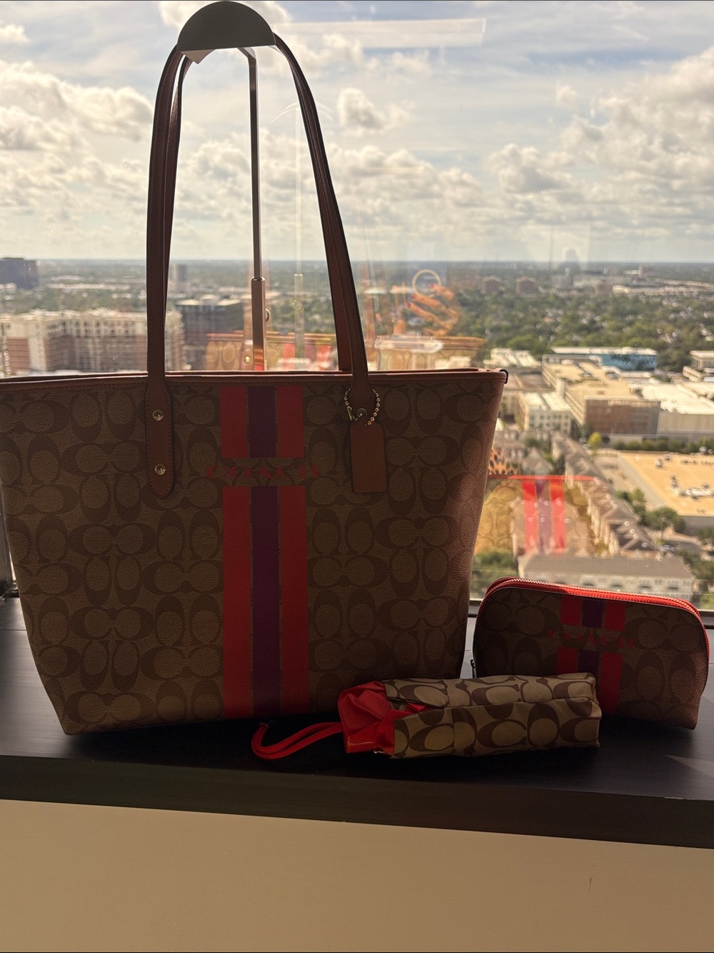 Coach Signature Tote Center Stripe Bundle Set w/Umbrella & Cosmetic Bag